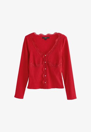 Next, LONG SLEEVE V-NECK RIBBED LACE TRIM TOP - Kardigán - burgundy red