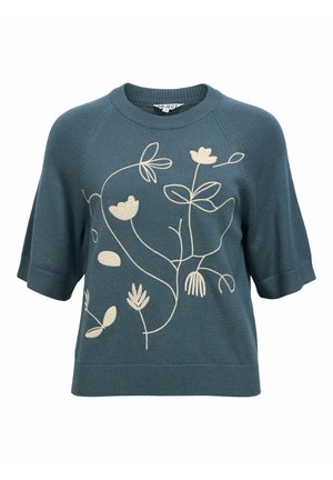 Pull tricot à manches courtes couleur sarcelle avec broderie florale beige. Doté d'un col rond et d'un ourlet et poignets côtelés.