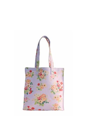 Geantă de umăr lavandă cu imprimeu floral în nuanțe de roz, roșu și crem și două mânere lungi, având o mică etichetă dreptunghiulară de brand în apropierea vârfului.