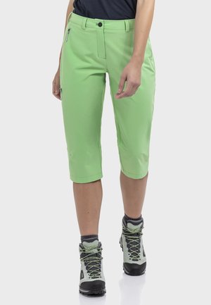 Hellgrüne Outdoor-Shorts aus dehnbarem Stoff, mit Reißverschlusstasche, Knopfverschluss und knielangem Schnitt.