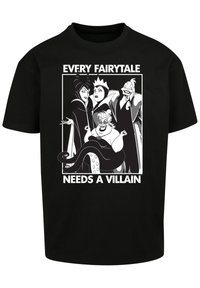 Black t-shirt featuring a graphic design of cartoon villains in black and white with the text "EVERY FAIRYTALE NEEDS A VILLAIN" below.