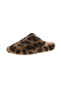 Tofflor med leopardtryck i en mjuk och plyschig textur, rund form och öppen bak. Har svarta och bruna fläckar på en beige bakgrund.