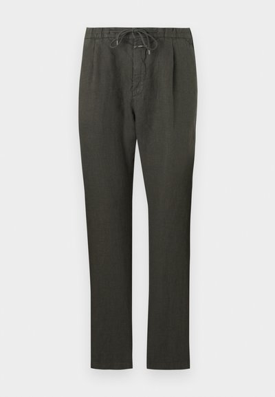 Tumši pelēkās lina bikses ar aukliņu jostu. Taisnas kājas dizains, viegla auduma, minimāla noformējuma un gluda tekstūra.