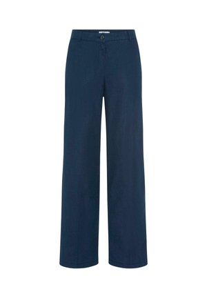Navy blue wide-leg pants with button closure, belt loops, and front pockets, displayed against a white background.
