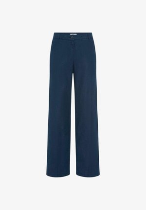 Navy blue wide-leg pants with button closure, belt loops, and front pockets, displayed against a white background.