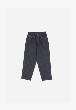 Dark blue denim jeans with a straight leg design, five-pocket styling, and contrasting yellow stitching. Features a waistband logo.