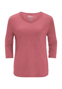 Rotes T-Shirt mit V-Ausschnitt, Dreiviertelärmeln und geradem Saum. Hergestellt aus weichem, leichtem Stoff mit glatter Textur.