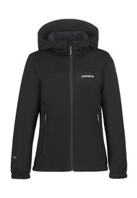 Czarna kurtka softshell z kapturem, z zamykanymi kieszeniami oraz elastycznym dołem i mankietami. Logo umieszczone na piersi.