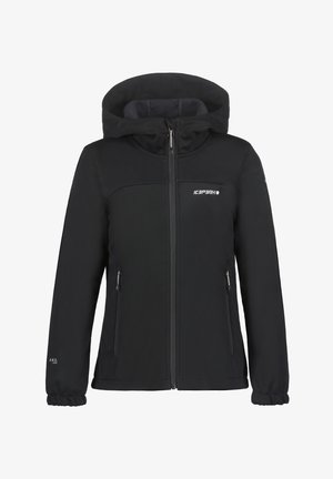 Schwarze Softshell-Jacke mit Kapuze, ausgestattet mit Reißverschlusstaschen sowie einem elastischen Saum und Bündchen. Logo auf der Brust.