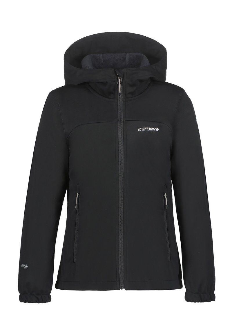 Czarna kurtka softshell z kapturem, z zamykanymi kieszeniami oraz elastycznym dołem i mankietami. Logo umieszczone na piersi.