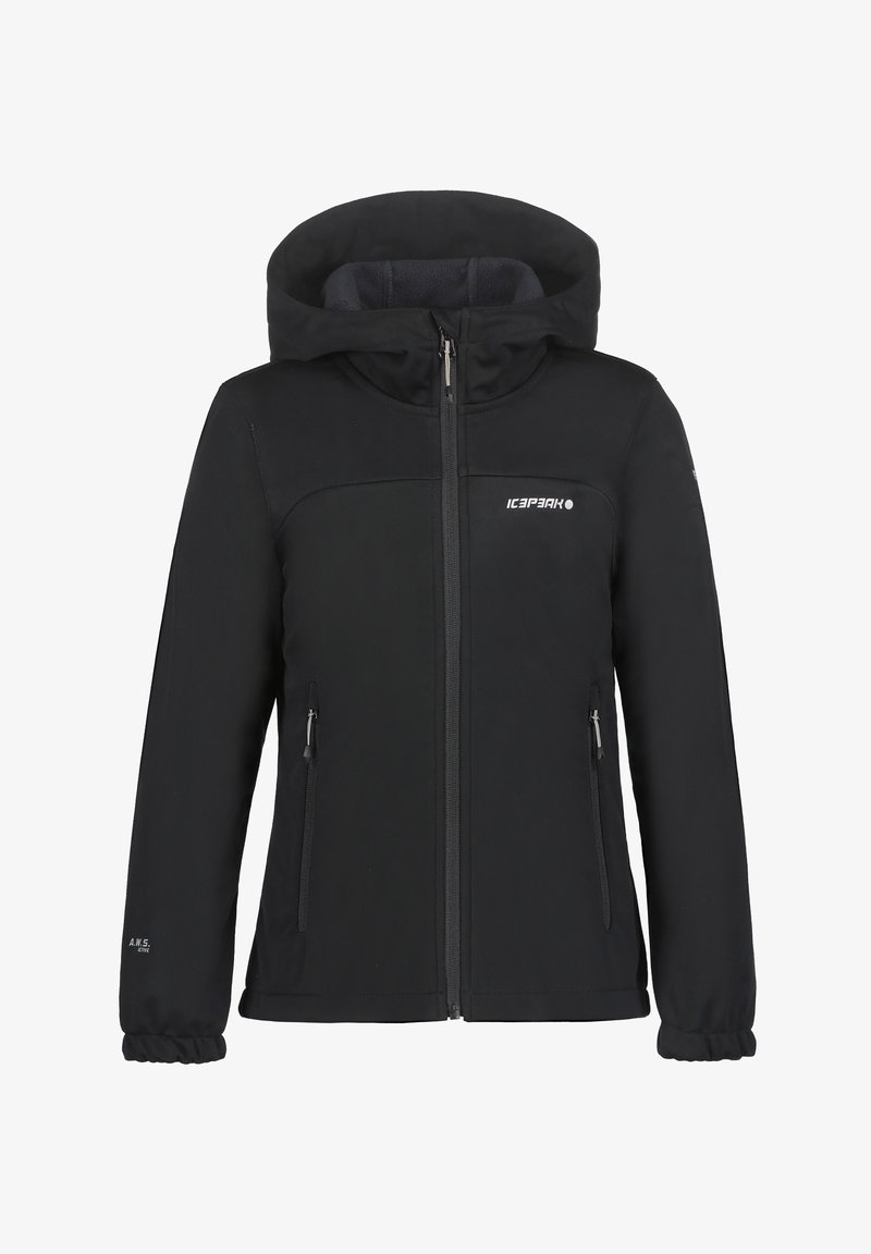 Giacca softshell nera con cappuccio, dotata di tasche con zip e di orlo e polsini elasticizzati. Logo in evidenza sul petto.