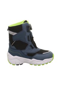 Modré a černé dětské boty s texturovaným povrchem, neonově zelenými akcenty, vysokým límcem a bílou podešví s protiskluzovým vzorem.