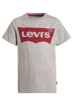 Grå bomulds t-shirt med et stort rødt Levi's-logo på brystet i en klassisk buet form, med korte ærmer og rund hals.