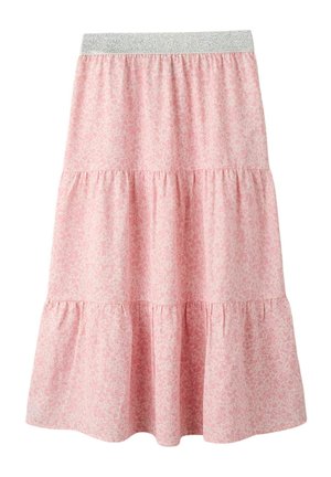 Gonna a balze rosa con motivo floreale sottile e fascia elastica con glitter argento, lunghezza al ginocchio, taglio ampio.