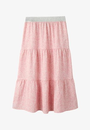 Jupe rose à volants avec un motif floral subtil et une ceinture élastique pailletée argentée, longueur genou, coupe ample.