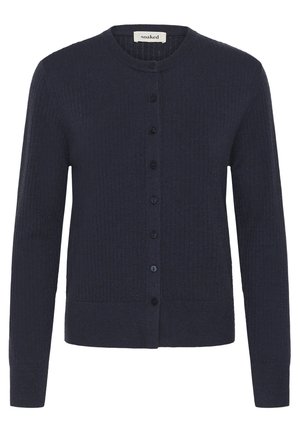 Tumši zila kardigans no teksturētas auduma, ar apaļu izgriezumu, priekšu aizpogājams un garām piedurknēm.