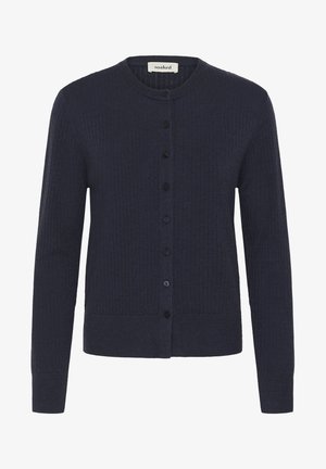 Tumši zila kardigans no teksturētas auduma, ar apaļu izgriezumu, priekšu aizpogājams un garām piedurknēm.