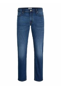 Κλασικά ανδρικά τζιν παντελόνια από μπλε denim με κούμπωμα με κουμπί και φερμουάρ, τσέπες εμπρός και πίσω, και ελαφριά ξεθώριαση γύρω από τους μηρούς και τα γόνατα.