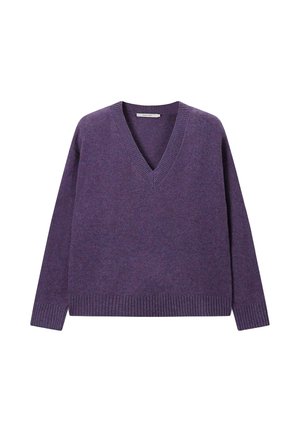 Purple wool V-neck sweater with long sleeves, ribbed cuffs, and hem. Soft texture, relaxed fit, minimal branding at neckline.