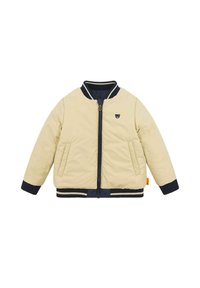Hellgelbe gepolsterte Jacke mit navyblauen Rippbündchen und Saum. Verfügt über einen Frontreißverschluss und zwei Seitentaschen. Kleines Bärenlogo auf der Brust.