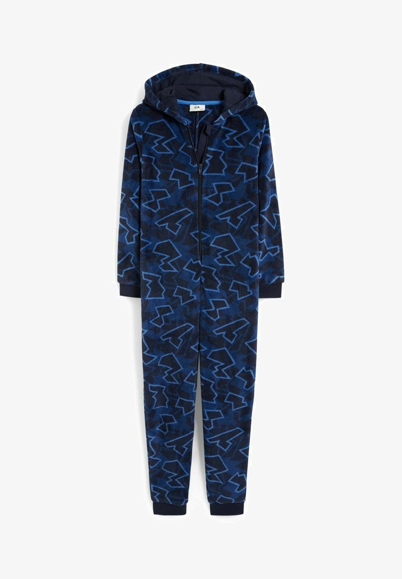 Combinaison à capuche bleu marine avec fermeture éclair frontale intégrale, manches longues et motif géométrique abstrait bleu clair sur toute la surface.