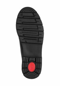Semelle de chaussure en caoutchouc noir avec un relief texturé, dotée d'un accent rouge rond au centre et d'un inser de taille '37'. Matériau durable pour une bonne adhérence.