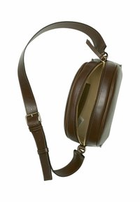 Borsa a tracolla in pelle marrone con forma arrotondata, chiusura lampo e tracolla regolabile. Texture liscia con dettagli in metallo dorato.