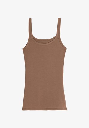 Top de tirantes ajustado color marrón, hecho de una tela suave, con tirantes finos y un escote redondeado. Textura suave con un acabado de color sólido.