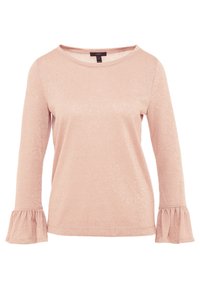 Haut à manches longues couleur rose pâle dans un tissu doux et scintillant ; présente un col rond et des poignets à volants pour plus de détails.