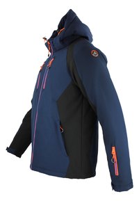 Marineblå og sort jakke med hætte, der har orange lynlåse og accenter. Indeholder flere lynlåslommer og geometriske designelementer.
