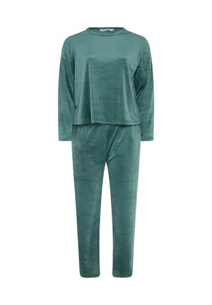 Pehmeä teal-vihreä veluurinen pitkähiha toppi ja siihen mukautuvat housut, rento istuvuus ja pyöreä kaula-aukko.