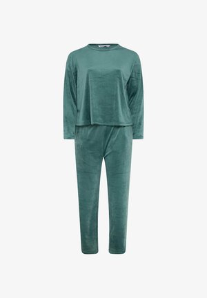 Pehmeä teal-vihreä veluurinen pitkähiha toppi ja siihen mukautuvat housut, rento istuvuus ja pyöreä kaula-aukko.