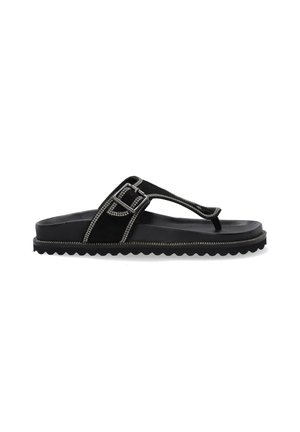 Black thong sandals made of smooth leather with a textured strap, featuring a silver accent buckle and a ridged rubber sole.