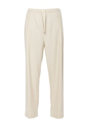 Beige broek met elastische tailleband en trekkoord, voorzien van een rechte snit, lichtgewicht stof en zijzakken. Getextureerd oppervlak.