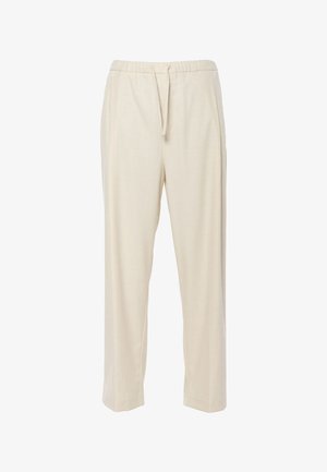 Beige broek met elastische tailleband en trekkoord, voorzien van een rechte snit, lichtgewicht stof en zijzakken. Getextureerd oppervlak.