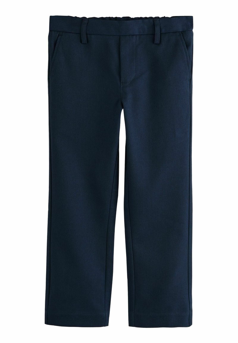 Marineblaue Hose mit glatter Textur, geradem Schnitt und frontalen Taschen. Hat einen Bund mit Gürtelschlaufen und einen sauberen Abschluss an den Säumen.