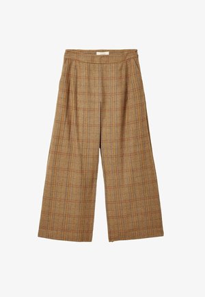 Braun karierte weite Hosen mit hoher Taille, gefaltetem Vorderteil und subtilen roten und blauen Akzenten im Karomuster.
