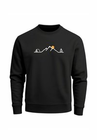 Black sweatshirt with long sleeves featuring a white mountain range, orange sun, and icons of a tent and campfire in a minimalist design.
