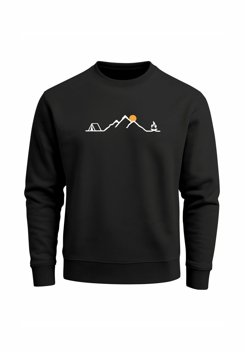 Black sweatshirt with long sleeves featuring a white mountain range, orange sun, and icons of a tent and campfire in a minimalist design.