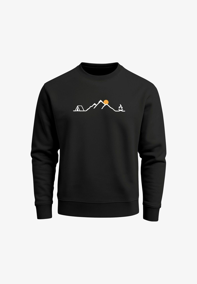 Black sweatshirt with long sleeves featuring a white mountain range, orange sun, and icons of a tent and campfire in a minimalist design.