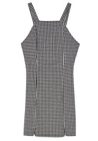 Svartvit rutig klänning med en figursydd design, spaghettiband och rak halsringning, tillverkad av lättviktig tyg.