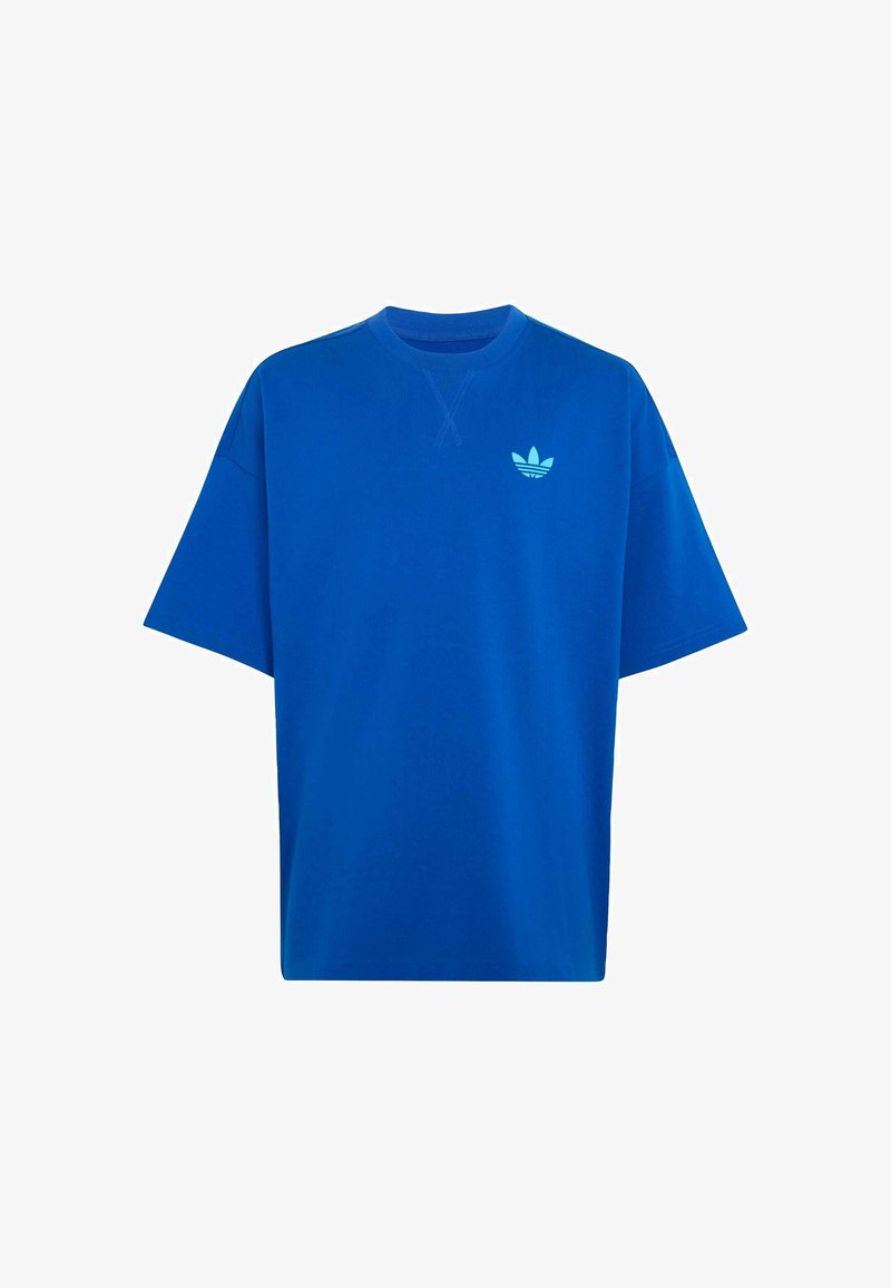 T-shirt bleu à manches courtes avec col rond et petit logo Adidas trefoil bleu clair sur la poitrine gauche.