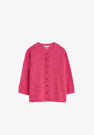 Pink cardigan made of textured knit fabric, featuring a round neckline, three-quarter sleeves, and a button front closure.