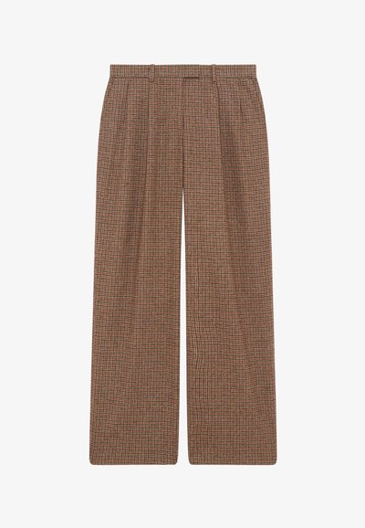 Brune ternede bukser med løs pasform, plisseret for og en glat tekstur. Har et klassisk mønsterdesign i mørke og lyse nuancer.
