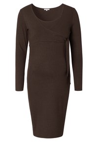 Bruine lange mouw jurk van zacht materiaal, met een kruislingse halslijn en een strikdetail aan de zijkant van de taille. Slanke, getailleerde pasvorm.