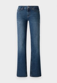 Mørkeblå denimbukser med utsvingt ben-design, som har subtile falminger og slitasjedetaljer nær lår- og kneområdet.