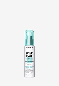 Le primer matifiant Revlon PhotoReady Prime Plus dans un élégant flacon blanc avec des accents teal, doté d'un embout de distribution à pompe.