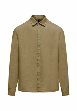Langarmig olijfgroen overhemd met knopen, kraag, effen ontwerp en manchetten met één knoop, weergegeven op een witte achtergrond.