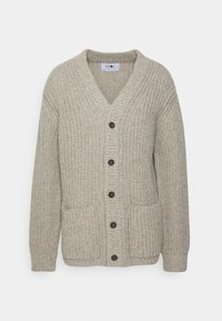 Beige, stickad kofta med V-hals, framknäppning, två fickor och ribbade ärmslut. Tillverkad av textilartat, varmt material.