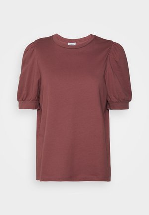 Top de manga corta color malva con mangas abullonadas y hombros fruncidos, escote redondo y puños acanalados.